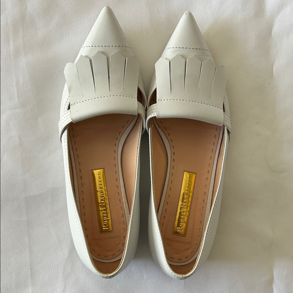 Rupert Sanderson Gretna Kilted White Leather Fringe Flats